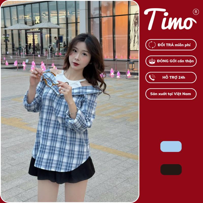[Hot Trend 2025] Áo sơmi nữ, Áo sơ mi caro phối áo dây hở vai cách điệu phong cách Hàn - Timo thiết kế trẻ trung, AOT012