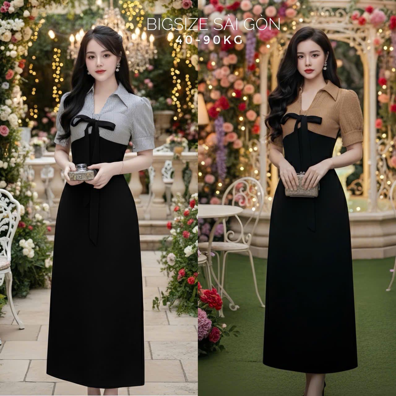 Váy Dự Tiệc Cổ Sơ Mi Phối Nơ Vải Cotton Lạnh Phối Lụa Sọc Phối Nơ 50 - 100Kg Thời Trang Nữ - B.1357