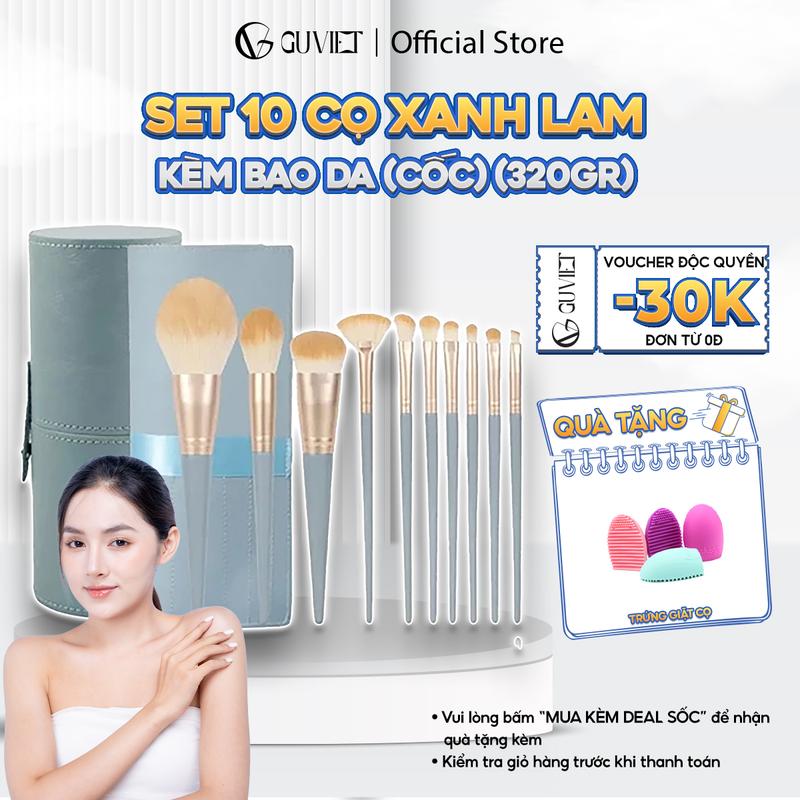 Bộ 10 Cọ Trang Điểm Cá Nhân GUVIET  Cosmetic  Màu Xanh Lam Kèm Bao Da hoặc ống cắm