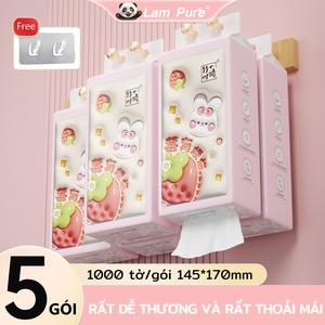 【5 gói】Lam Pure Thùng 5 bịch Khăn Giấy hinh thò dễ thuong 1000To * 5 gói  Mềm Mịn, Siêu Dai giấy đa năng giấy rút treo tường natural  Khả năng hấp thụ nước mạnh mẽ giấy ăn cao cấp
