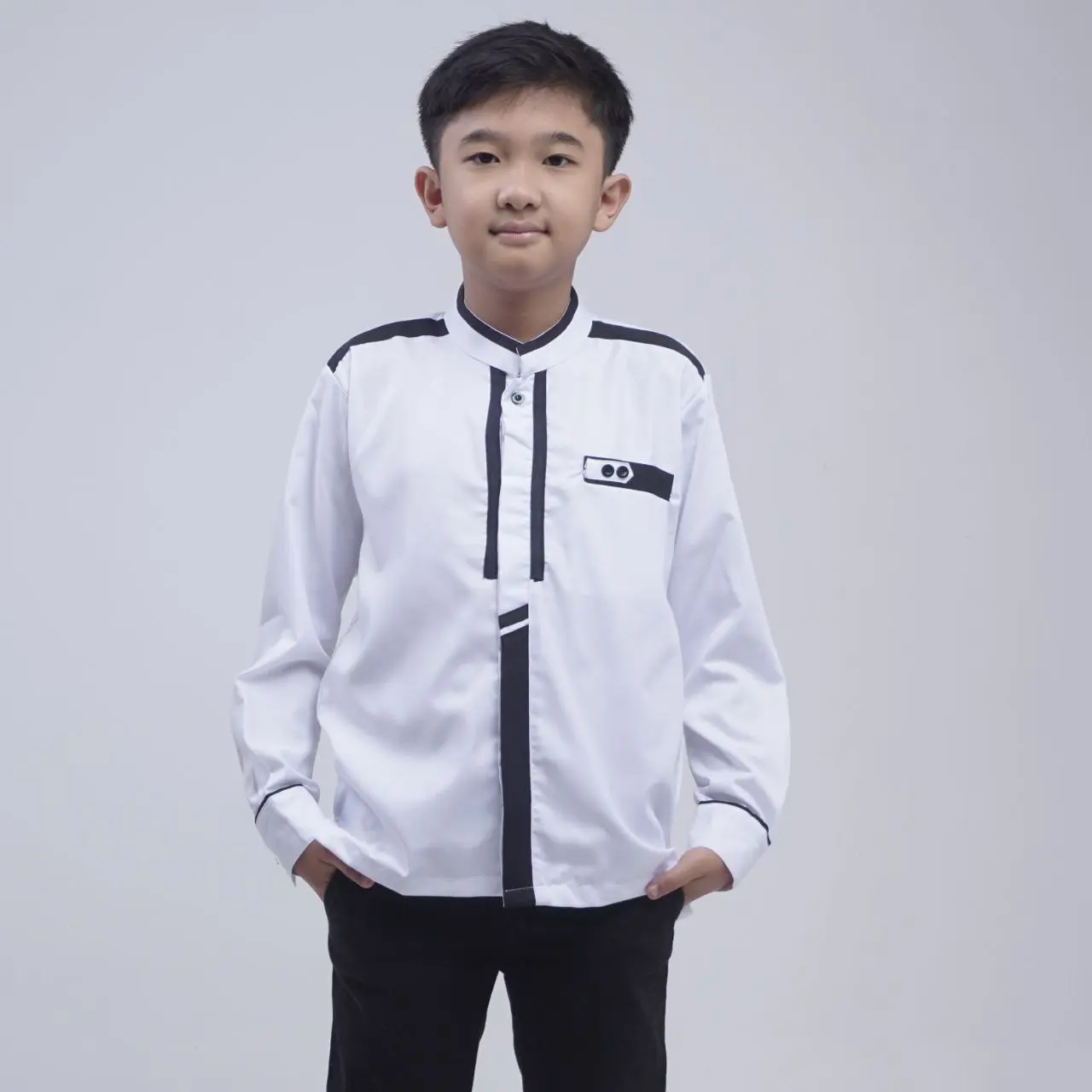 Baju Koko Anak Motif Khatulistiwa Warna Putih Coksu Navy Koko Anak Lengan Panjang Usia 8-14 Tahun