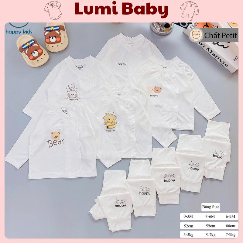  Bộ quần áo sơ sinh Happy Kids dài tay Chất Cotton thun lạnh Cạp cao Dành cho bé Trai và Gái 0-9tháng 