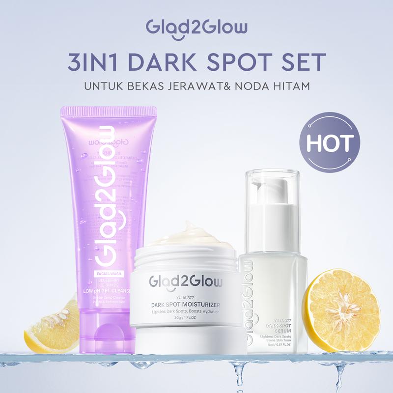 【3in1】Glad2Glow bundle 3pcs Skincare Moisturizer Face Wash Serum -ACNE KIT GLOWING KIT Dark Spot Berjerawat Ceramide Cleanser Kering Membersihkan Niacinamide Wajah Arbutin Cooling Hitam 7