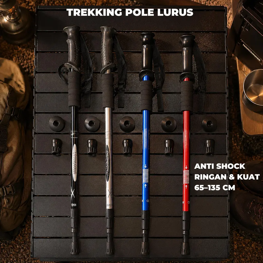 Trekking Pole Tongkat Hiking Anti Shock Gagang Lurus Aluminium Teleskopik Camping Outdoor 65-135cm