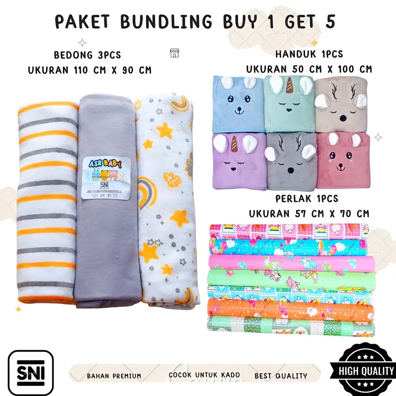Paket Bundling Bayi Baru Lahir Buy 1 Get 5 (Bedong Jumbo 110 x 90 cm, Handuk Microfiber, Perlak Bayi) - Alas 5