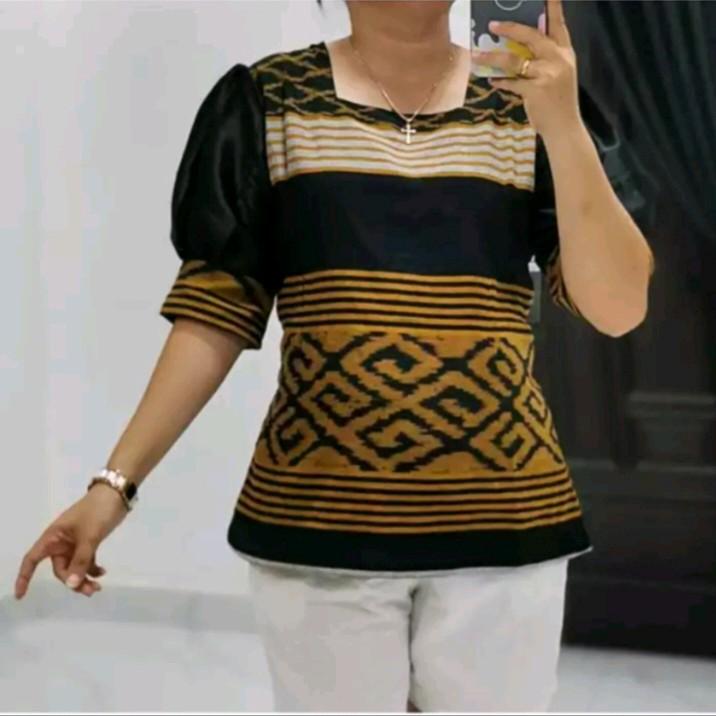Blus Wanita Kombinasi Lengan Toyobo - Baju Moderen Kalea - Panjang, Tenun 1