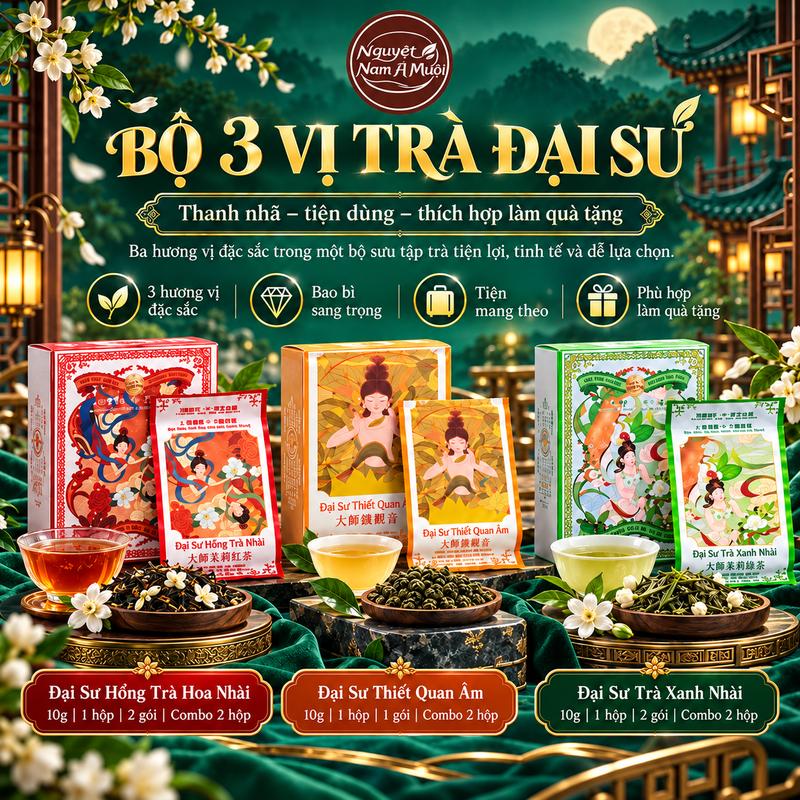 COMBO trải nghiệm hương vị trà đạo, đại sư trà xanh nhài, đại sư trà thiết quan âm, đại sư hồng trà nhài, 6 Hộp 10 gói nhỏ 5g 1 gói