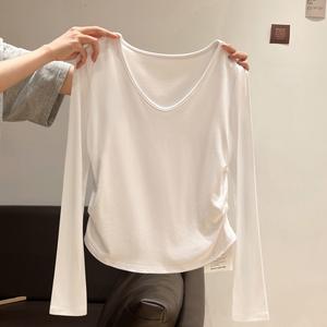 Long Sleeve V Neck Slim Fit T-Shirt for Women, Autumn Winter Folded Waist Thick Inner Layer Top, Small Size Fashion Tee 7597 Womenswear Basic Casual Minimalist Vneck