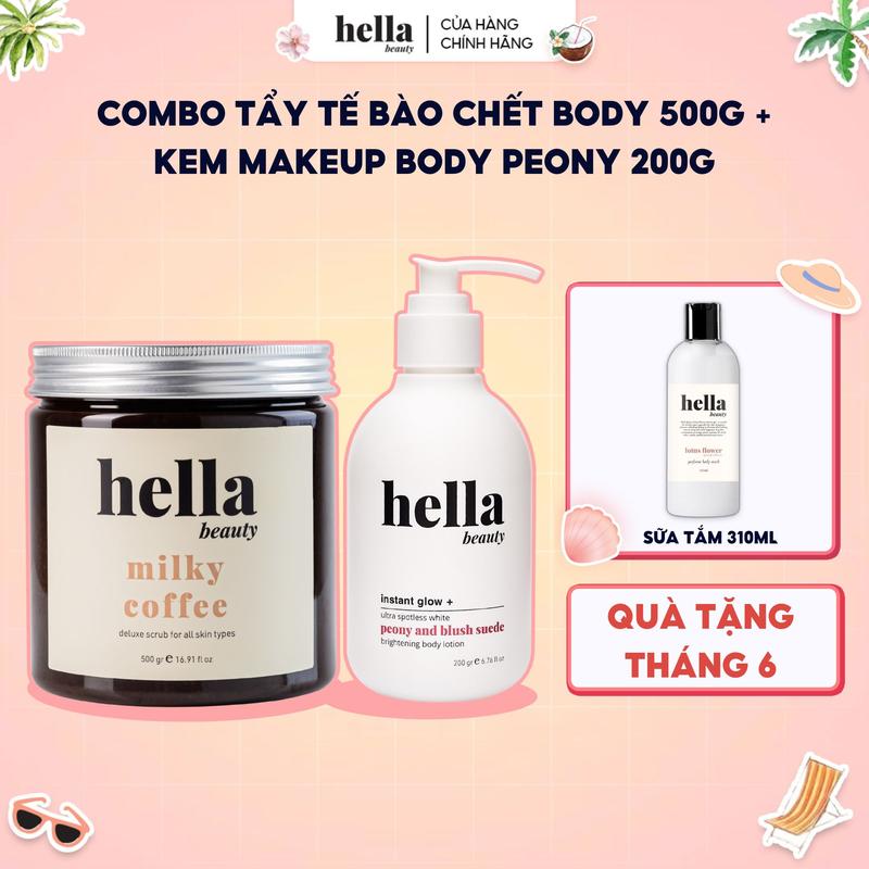 Combo tẩy tế bào chết body Hella Beauty 500g + Kem body Peony nâng tone da Hella Beauty 200g