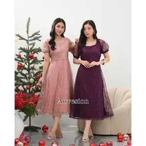 6208 Kalina Square Neck Brukat Midi Dress Wanita Kasual Elegan Manis Pesta Kecil
