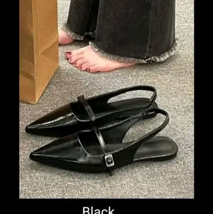 Sepatu Wanita Stylish Flat Shoes Slop Teplek Tali Belakang Karet Varian Gesper Casual Cewek Bahan Sintetis Insole Foam Kulit Sintetis Sole Anti Slip Elegan Panjang Air Licin Polos Warna Hitam Krem Marun