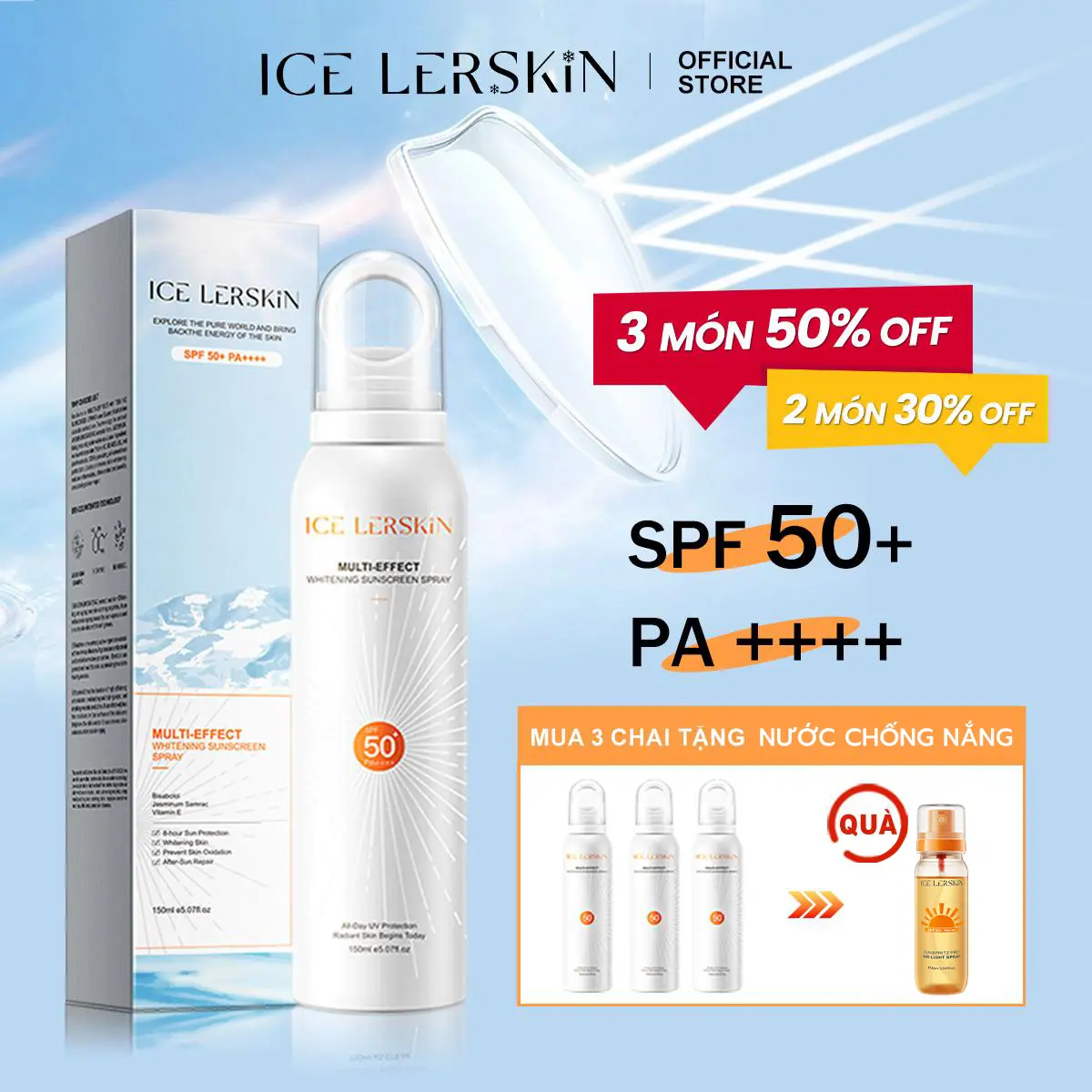 【Mua 3 Tặng 1】ICE LERSKIN Xịt Chống Nắng 150ML*3 + [Quà Tặng Miễn Phí] NƯỚC CHỐNG NẮNG 90ML, SPF50+ PA+++, Vitamin E, Set: Xịt Chống Nắng 150ML + Lăn Chống Nắng 20G, Xịt Chống Nắng 150ML + Xịt Chống Nắng 90ML, Xịt Chống Nắng 150ML + Kem Chống Nắng 30ML