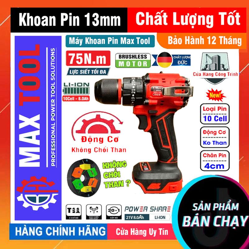  Máy Khoan Pin 3 Chức Năng 13mm Max Tool 75N.m Pin 10 Cell 119V KHÔNG CHỔI THAN 10mm Khoan Tường khoan búa bắn vít mạnh mẽ bảo hành 12 tháng 