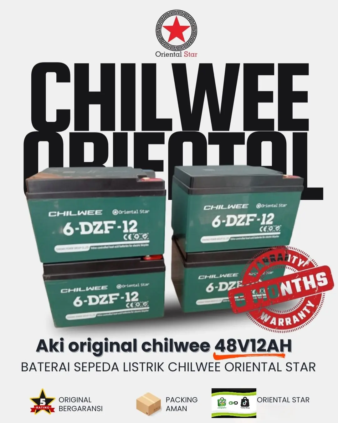 Aki Baterai Chilwee Oriental Star 48V 12Ah Sepeda Listrik/Motor Listrik