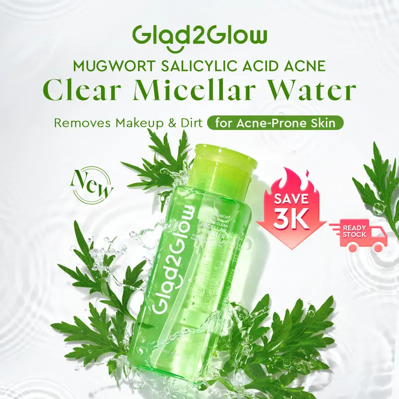 [BPOM] Glad2Glow Micellar Water Gather 1/2/3pcs 300ml Mugwort Salicylic Acid Acne Clear Yuja Vitamin C Glow Boosting Tremella Panthenol Sensitive Care Barrier  sensitif Untuk Kulit Berjerawat Pembersih Wajah Make Up Remover Cleansing Water dan Melembabkan 3