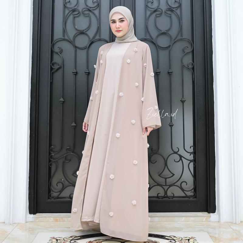 Ziella - Fatimah Abaya 2in1 Outer dan Inner With Bunga Organza 3D bahan Ceruty Babydoll Jersey Abaya Adem Nyaman Dipakai Tidak Menerawang 1