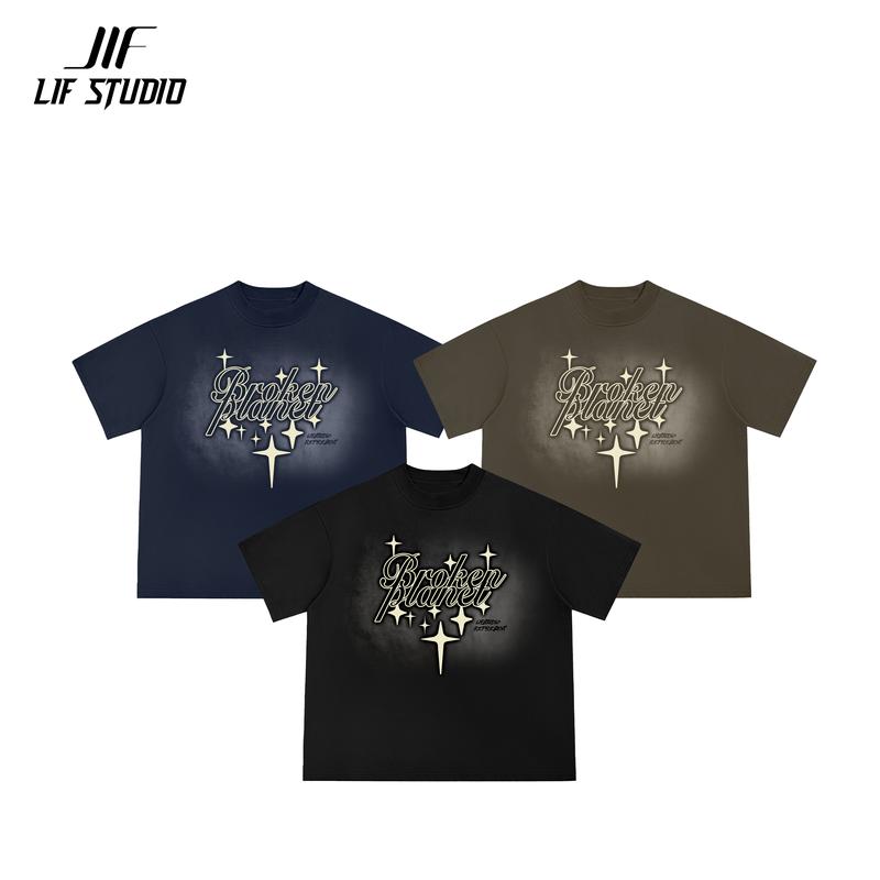 Áo thun Unisex LIFSTUDIO in nổi BrokenPlanet ngôi sao Cotton 250 gsm Cổ tròn in chữ Nam Nữ Menswear - Màu đen - Trắng - Xám nâu