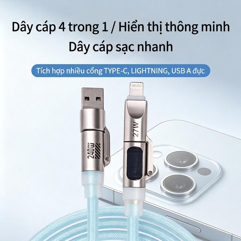 Cáp dữ liệu Type-C bốn trong một 240W phù hợp để sạc nhanh điện thoại Huawei và Apple, cáp truyền dữ liệu đa chức năng.,capsacnhanh