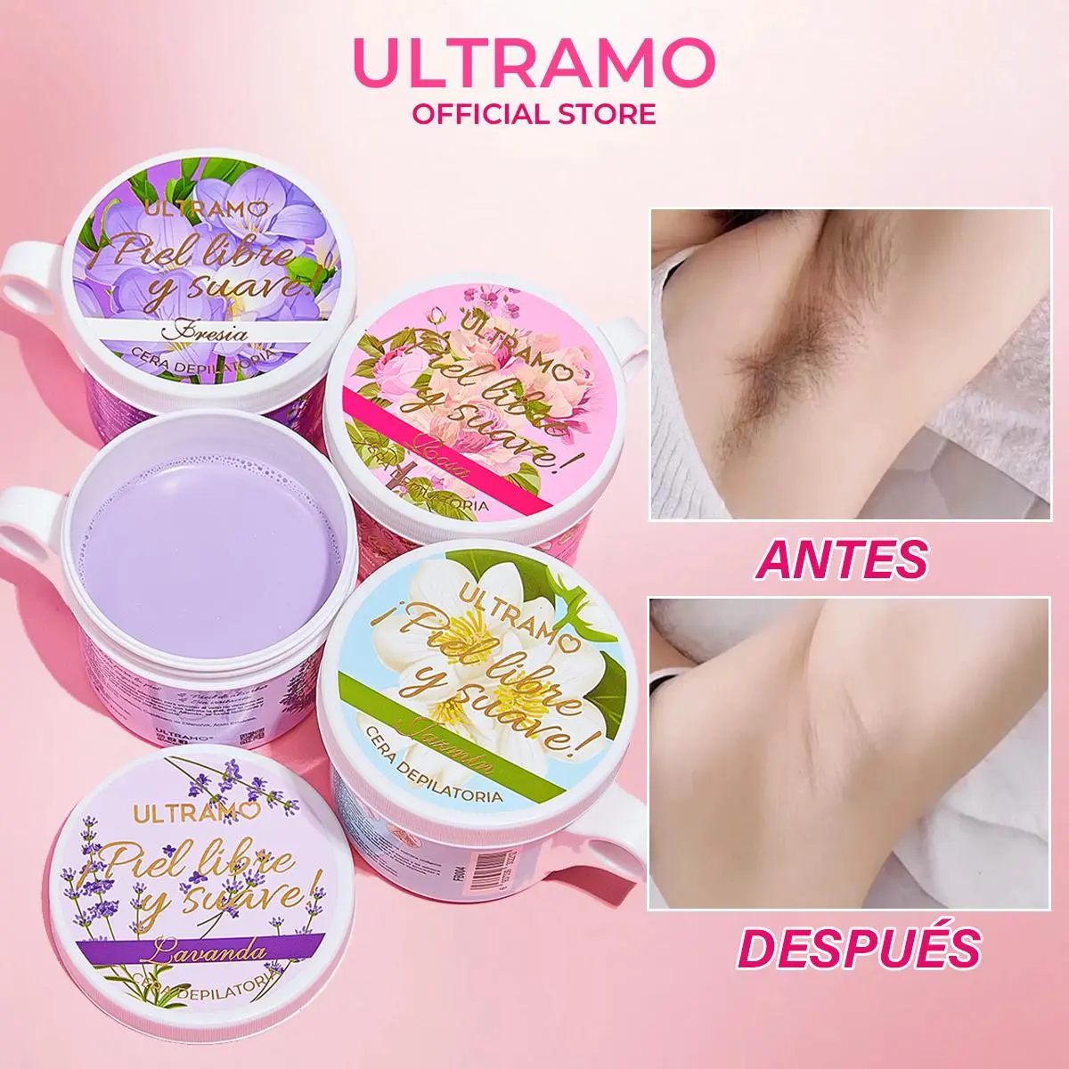 ULTRAMO Cera Depilatoria 100g, Sin Dolor, Fácil de Calentar, Fórmula Suave, Efecto 30 días, Piel Suave, Para Cuerpo y Zonas Sensibles