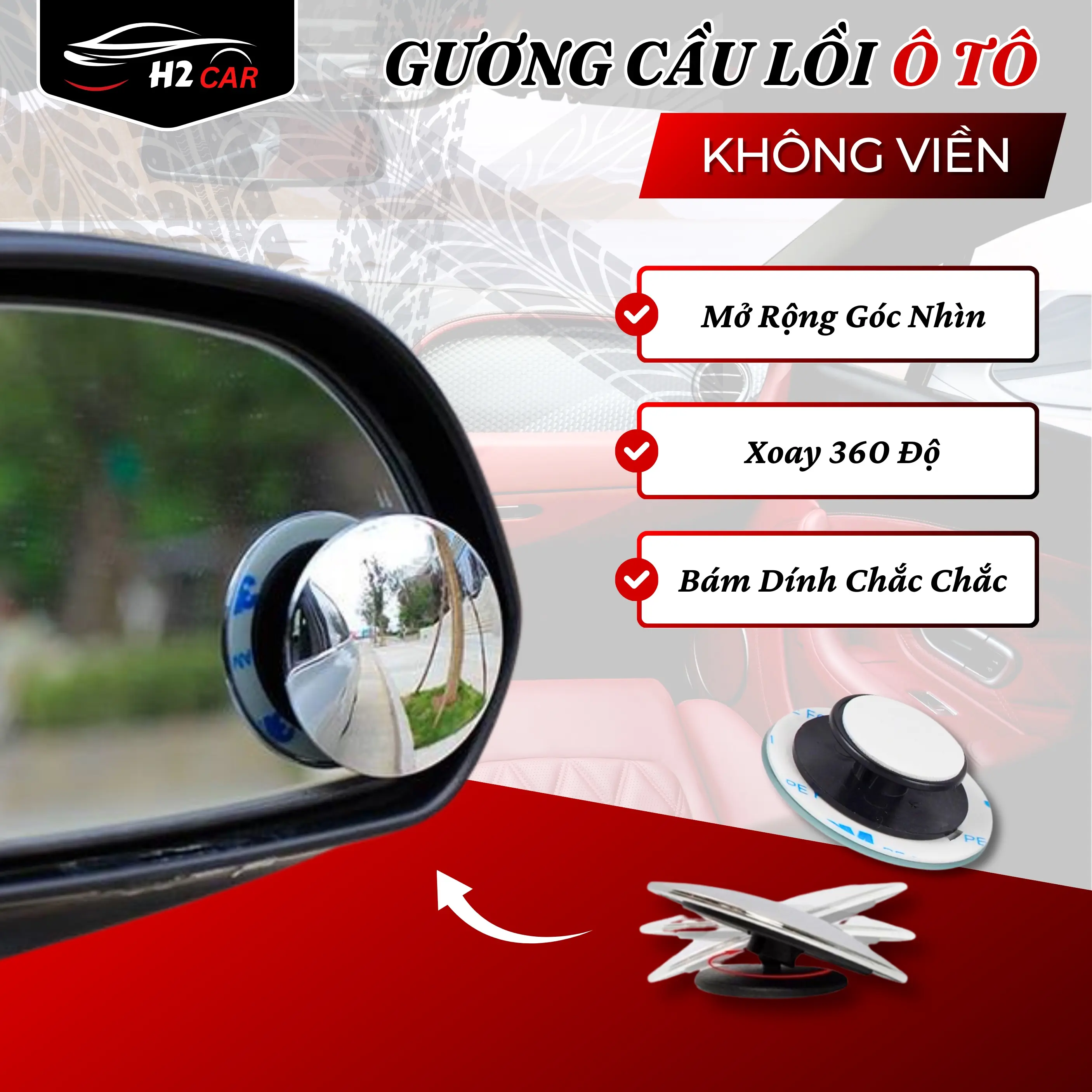 Gương Cầu Lồi Góc Rộng Nhìn Điểm Mù Cho Xe Hơi Gắn Kính Hậu H2 Car