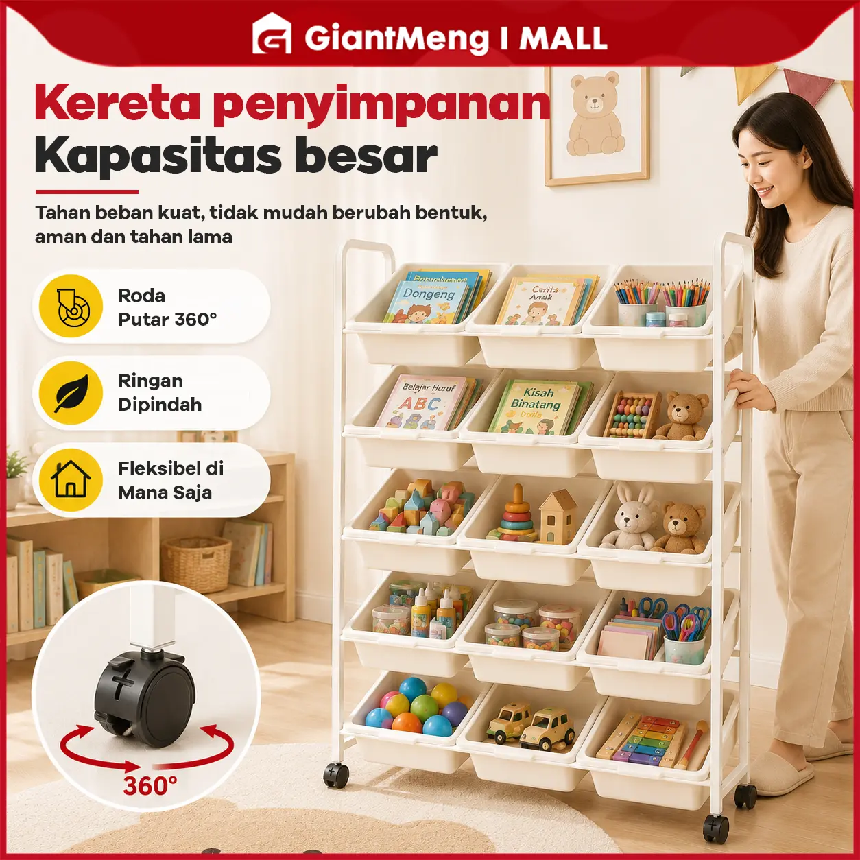 Rak Mainan Anak Multifungsi | Rak Penyimpanan Plastik Susun dengan Roda | Organizer Mainan, Snack, Buku & Barang Rumah