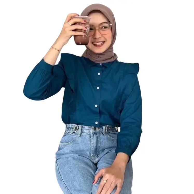 Zia Blouse - Blouse - Blouse Wanita - Atasan Wanita Blouse Katun Polos V-Neck Kancing Linen Panjang Variasi Rempel atasan  viral Top 0