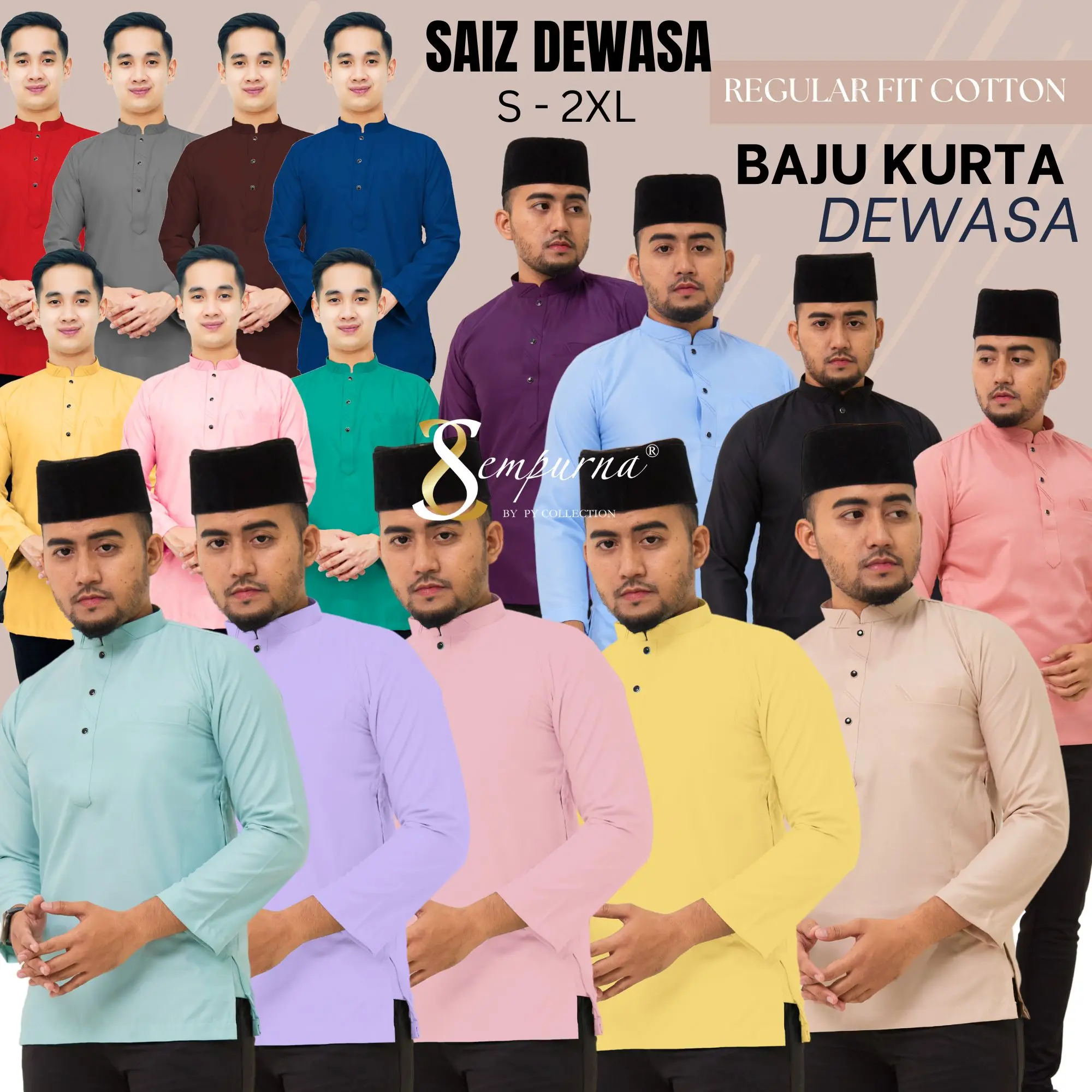 【 KURTA DEWASA 】 KURTA SEMPURNA SLIM FIT COTTON DEWASA WARNA PEACH / NUDE / DARK PURPLE / BABY BLUE / MINT GREEN / HITAM / LILAC PURPLE / DUSTY PINK / SOFT YELLOW / MERAH / GREY / ROYAL BLUE / KUNING / PINK / TURQUOISE / COKLAT