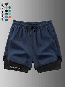 Shorts deportivos para hombre de color sólido con estampado de letras, doble capa y cintura con cordón, corte regular, cómodos y transpirables, de secado rápido y con bolsillos, ideales para el verano, entrenamiento en gimnasio y correr