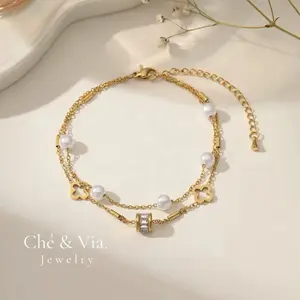 Ché & Via - Pearl Clover Bracelet Gelang Tangan Clover Titanium 18K Gold Silver Plated Perhiasan Wanita Anti Karat Love Mutiara - Kait Lobster