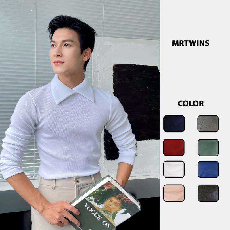 Mẫu Mới Áo Thun Cổ Cao Phối Kiểu Nam TAY DÀI Form Body Thun Gân Cao Cấp Thương Hiệu Mr Twins