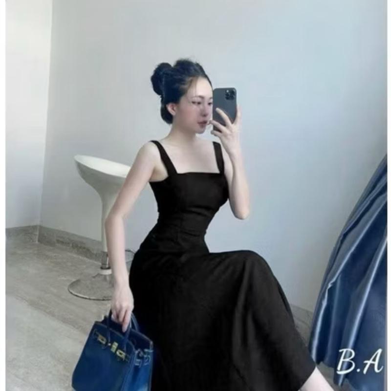 Đầm dây gân maxi bản lớn dáng xoè vải thun tăm quảng châu size dưới 55kg mã lp9