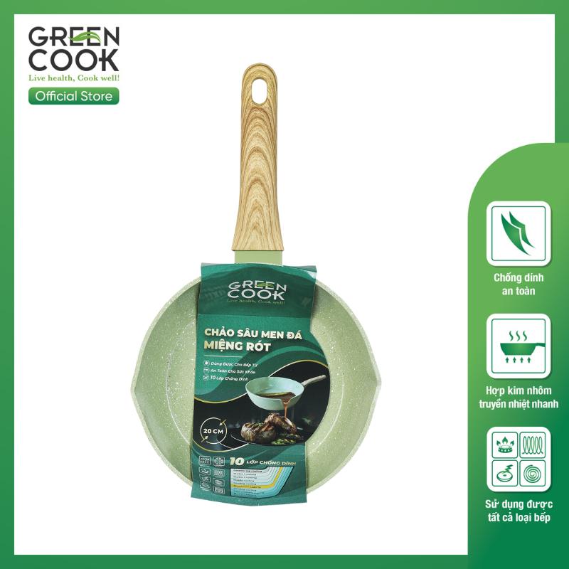 Chảo nhôm sâu men đá ceramic 20CM miệng rót Green Cook GCP231-20IH màu xanh 10 lớp chống dính sử dụng được trên tất cả các loại bếp - greencook
