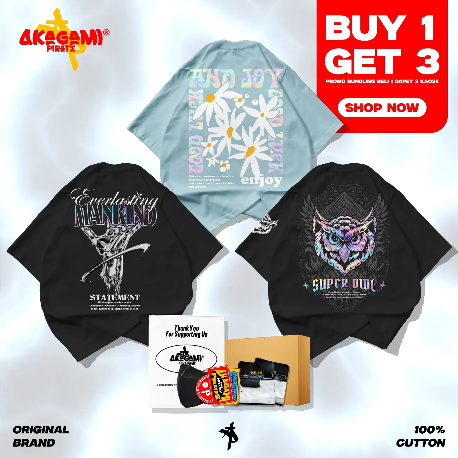 Buy 1 Get 3 Akagami Kaos Menyala Reflective Rainbow BUNDLING anime EVERLASTING MANKIND | GOOD LUCK AND JOY | SUPER OWL OVERSIZE Unisex Pria Wanita Cotton Combed 24s