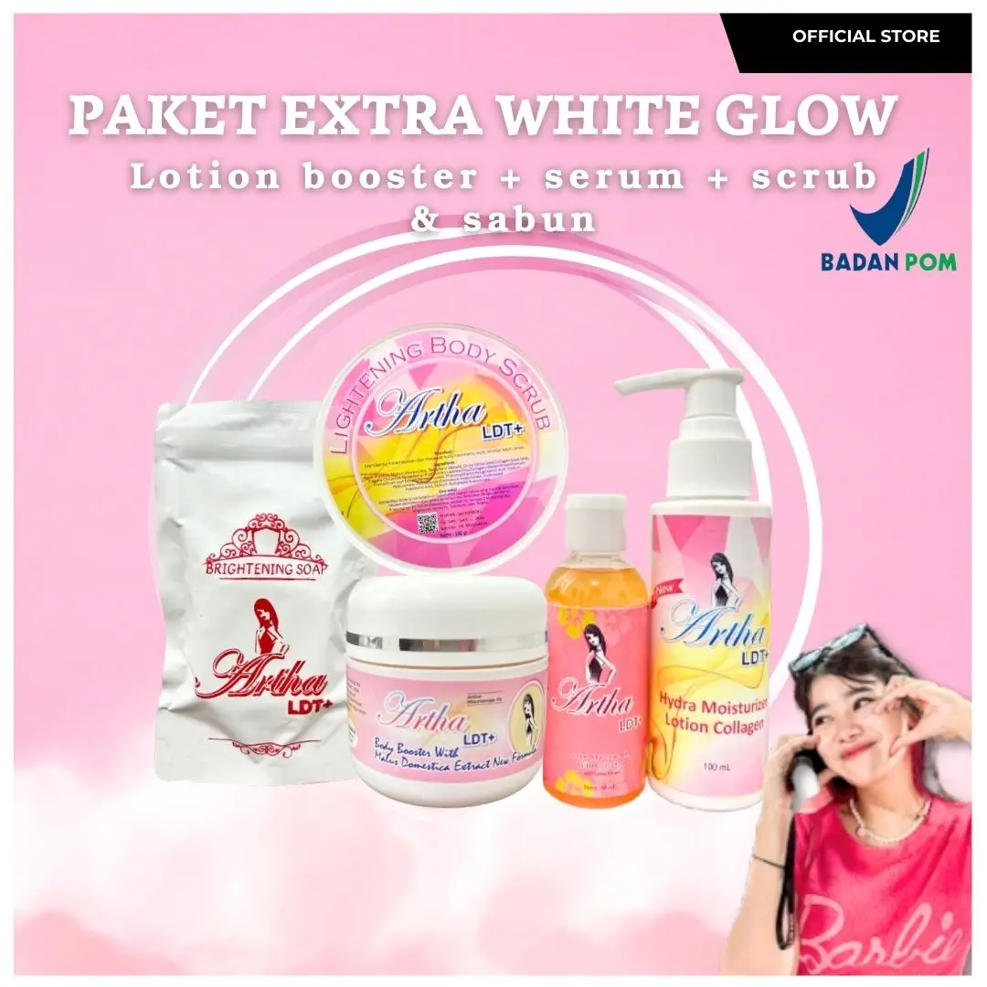 PAKET WHITE EXTRA GLOW (BADAN LENGKAP & BODY SERUM AHA ARTHA LDT) SPECIAL BOOSTER NEW FORMULA [Soap Pencerah Lotion]