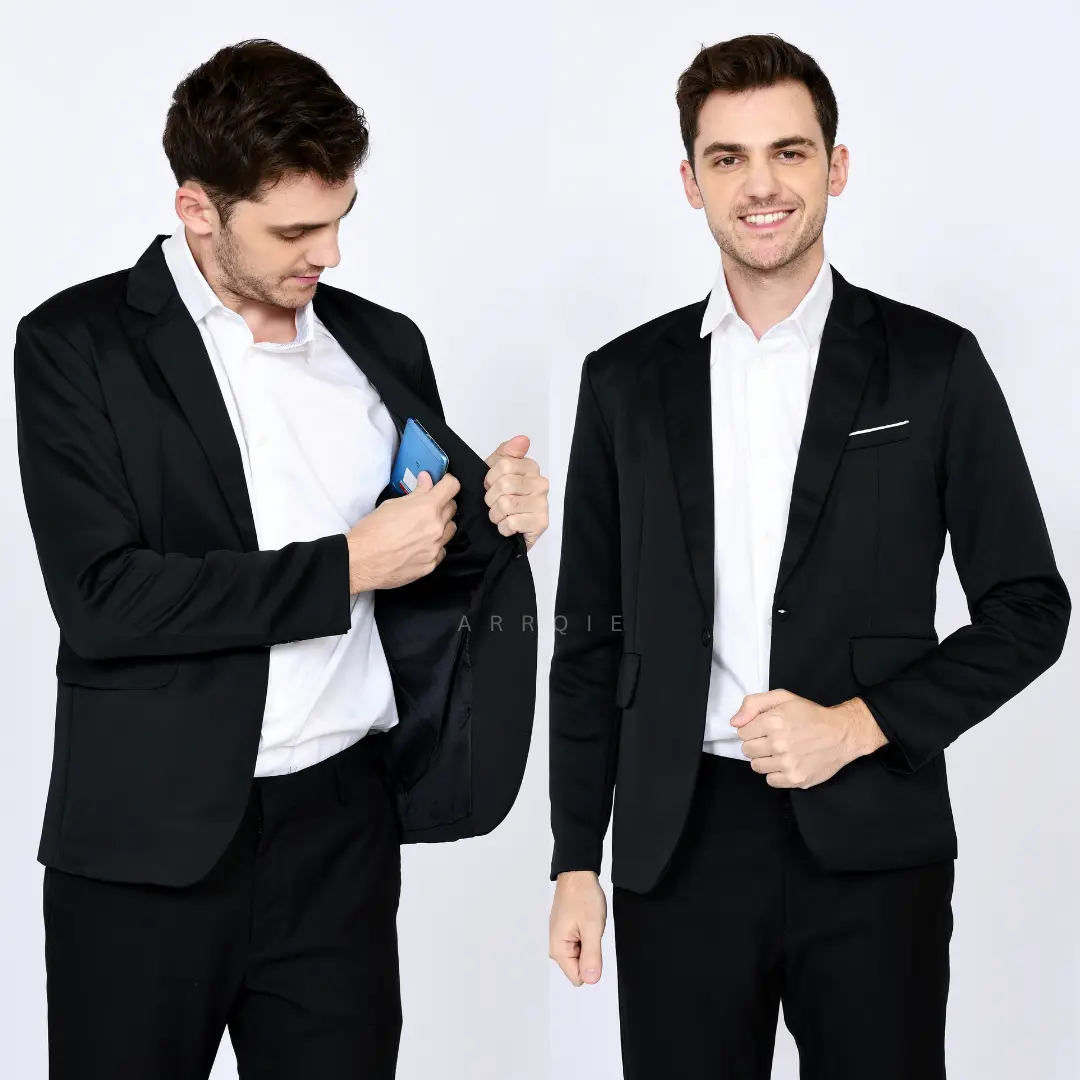 Jas Formal Elegant Pria Hitam List Putih Kancing Satu Model Slim Fit Ukuran S M L XL XXL Bahan Tebal Dan Lembut Nyaman Dipakai