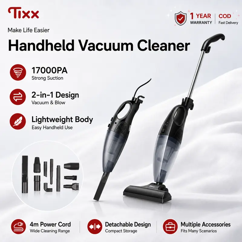 Tixx Household Vacuum Cleaner Portable Handheld Multifunctional Vacuum, 17000Pa Strong Suction 2-in-1 Multifunctional Portable Cleaner, Low Noise With Complete Accessories Tools, 2026 New Special Tixx Vacuum