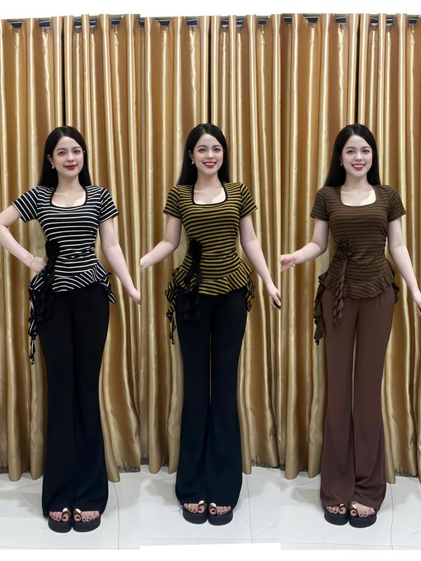 set bộ nữ áo sọc cổ vuông siêu xinh & quần ống loe tôn dáng