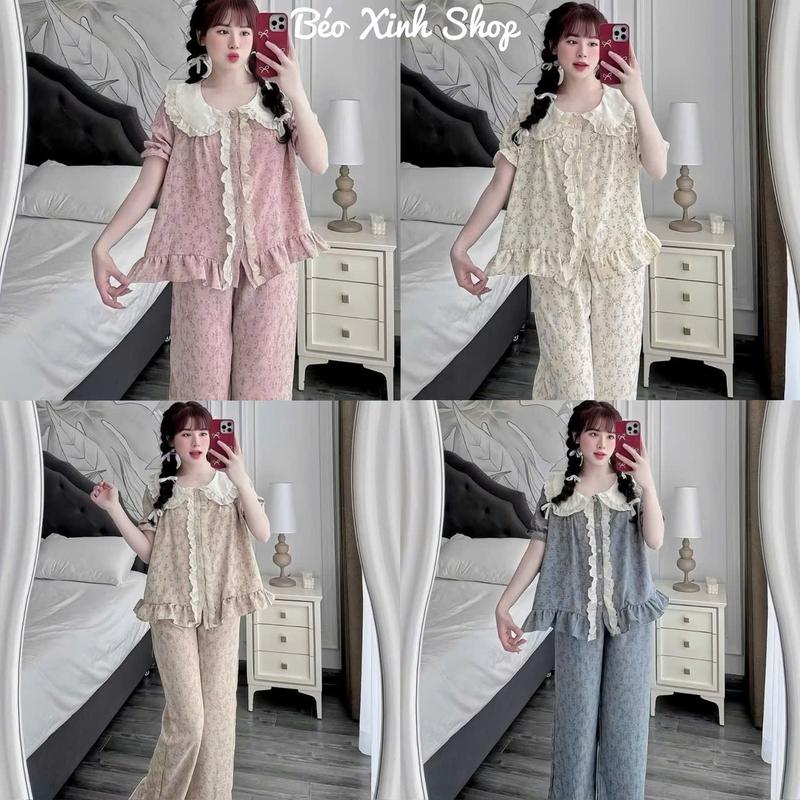 Đồ Bộ - Đồ Ngủ Tay Ngắn Quần Dài Vải Vân Sóng Mềm Mịn Phối Ren Tiểu Thư  Pijama Bigsize 50-100kg Bộ Ngủ Nữ Áo Ngủ Women Quần Ngủ - A.5440