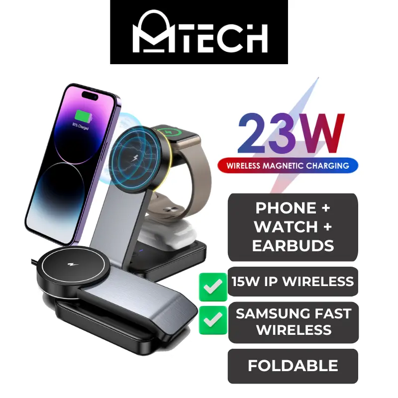 MTech MagTri 3-in-1 Magnetic Wireless Charger for Smartphones, Wireless Earbuds, and Smartwatches