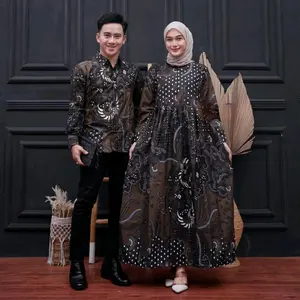 Baju Couple Batik Kemeja Pria Lengan Panjang dan Gamis Wanita Syari Muslimah Pasangan Sarimbit Dress Kondangan Pesta