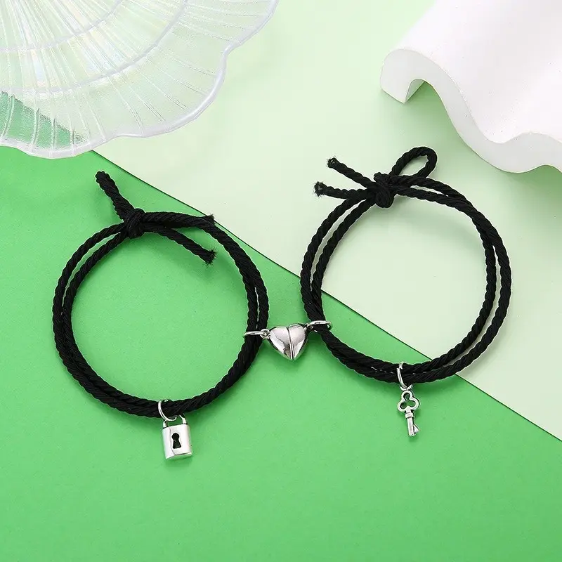 2 Pcs/Set Heart Attract Friendship Charm Bracelets/ Key Lock Love Couple Bracelet/ Women Key Lock Pendant Braided Rope