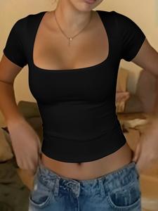 Playera corta de color sólido para mujer, ajustada y casual con manga casquillo, ropa de damas para uso diario, tops de verano