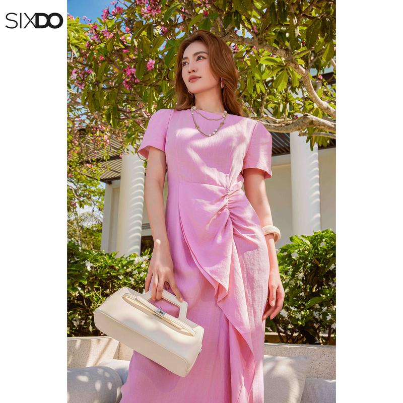 Đầm hồng xoắn eo ngắn tay SIXDO Pink Linen Sarong Dress