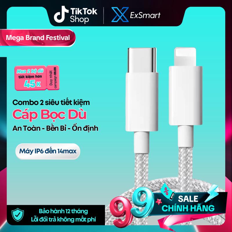 Combo 2 dây sạc nhanh 20W PD Exsmart Bọc Dù thế hệ mới đầu chống gãy gập từ 6-14prm công nghệ PD An Toàn Không Hại Máy Sạc Điện Thoại