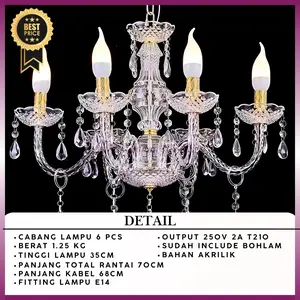Lampu Gantung Lilin Kristal Cabang 6 Chandelier Akrilik Dekorasi Wedding/Lampu Hias Rumah/Cafe Lampu Gantung Akrilik