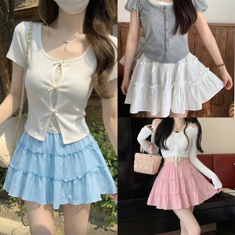 Chân váy bèo 3 tầng dáng xòe chất đũi gân phong cách trẻ trung dễ thương chân váy midi dáng ngắn xếp tầng Women Nữ
