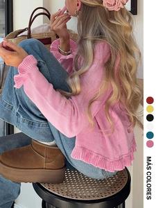 Cárdigan elegante de otoño invierno para mujer, estilo francés romántico con cuello redondo y frente abierto, suéter casual y bonito de moda para damas