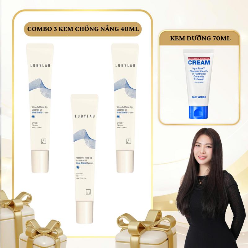 SN1939 - Combo 4 sản phẩm: 3 Tuýp Kem Chống Nắng Lubylab Waterfull Tone-up Essence UV Blue Shield SPF50+ PA++++ 40ml + 1 Kem dưỡng da Daily Weekly 70ml