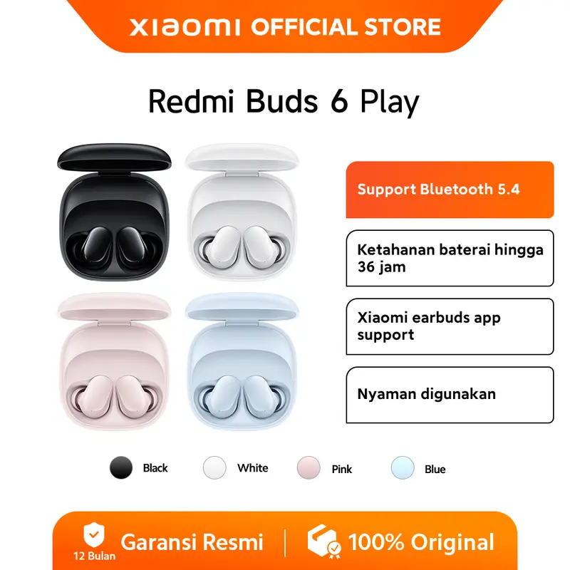 Xiaomi Redmi Buds 6 Play | Bluetooth 5.4 | Baterai Hingga 36 Jam | Xiaomi Earbuds App Support | Nyaman Digunakan [Official Store]