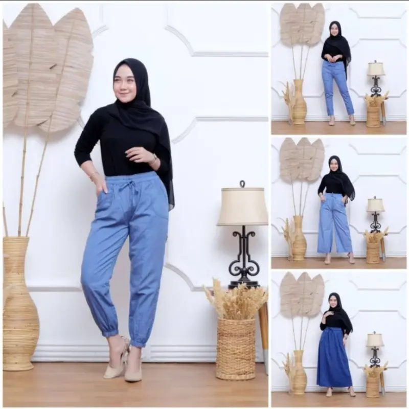 Cargo Pants Wanita - Celana Panjang Kulot Highwaist bahan Soft Jeans Grey Pinggang Karet 2